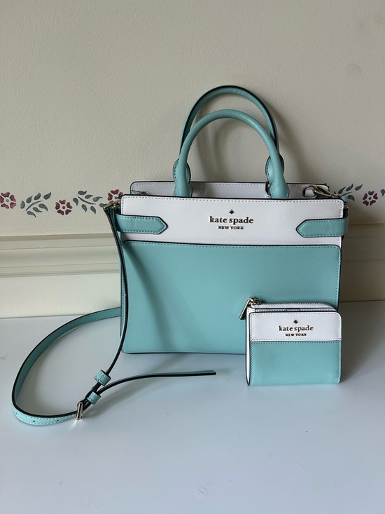 kate spade Handbags - Kate Spade Mint / Blue and White Leather Satchel with Matching Wallet